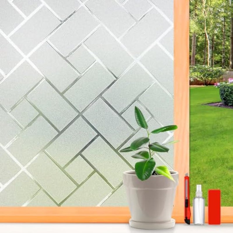 XHCN Frosted Glass Window Film Sun Blocking Window Tinting Film for Home, Static Clings Removable Frosting Bathroom Door Window Covering, 35.4 Inchx 196.8 Inch, White-Grid - Image 1